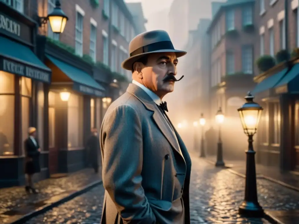 Un detective distinguido al estilo de Agatha Christie Poirot en una calle nebulosa