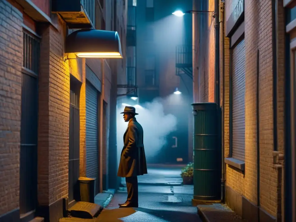 Detective de diversidad étnica en sombrío callejón urbano, bajo luz tenue, fumando, rostro oculto por fedora