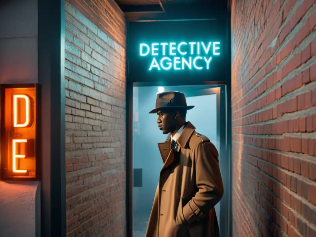 Un detective diverso en un callejón nocturno bajo neón de 'Detective Agency', reflejando la inclusión de minorías en detectives