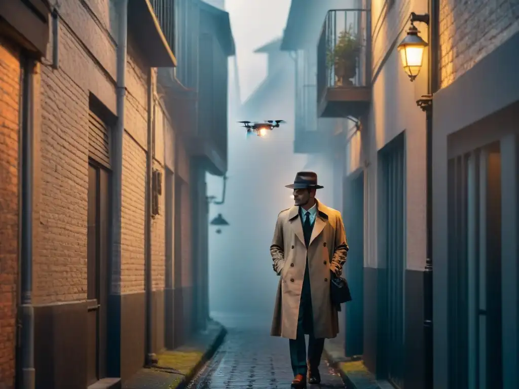 Detective en callejón, cámara vintage y dron moderno