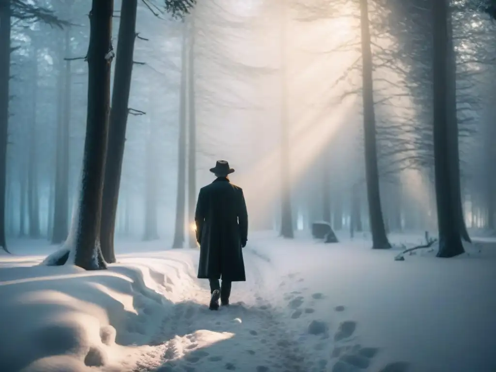 Detective escandinavo en un bosque nevado, iluminado por una linterna en la niebla