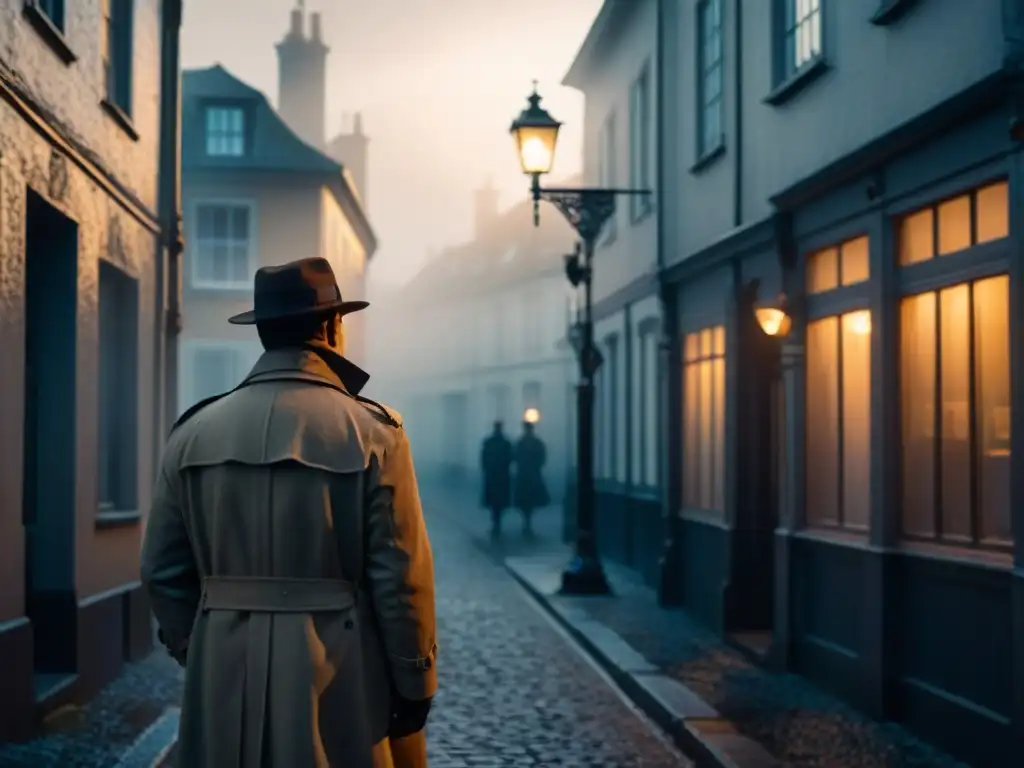 Detective escandinavo en callejón iluminado por luz tenue, entre sombras y niebla