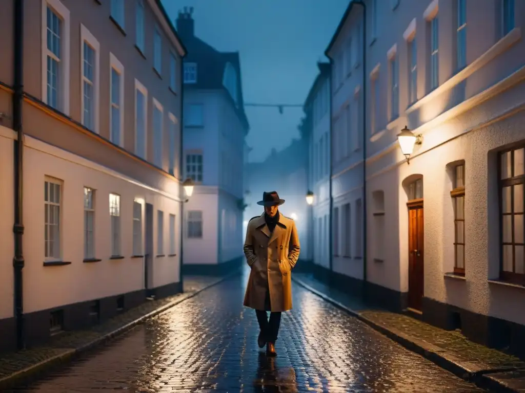 Un detective escandinavo en un callejón oscuro, bajo la lluvia, con sombrero y gabardina