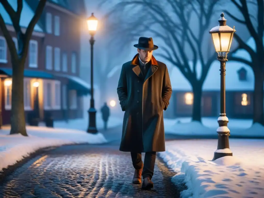 Un detective escandinavo en un escenario de cine, bajo la luz de una farola en la nieve