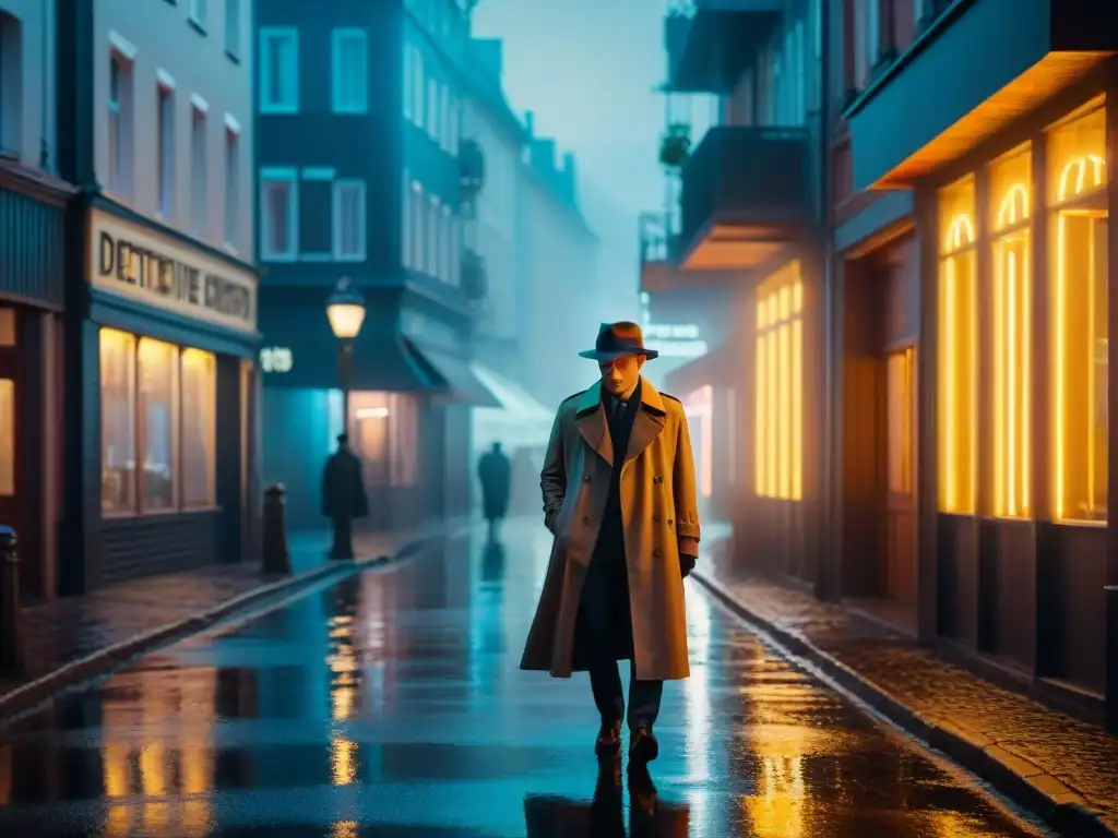 Psicología detective escandinavo entre luz y sombra en una calle misteriosa de noche