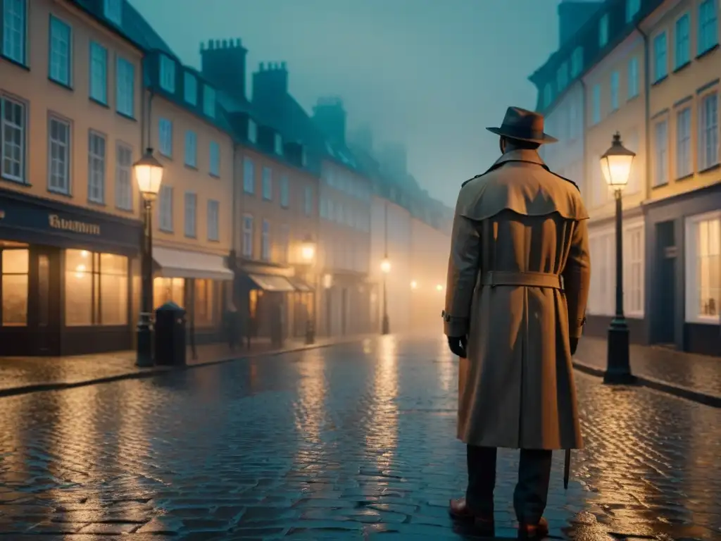 Detective escandinavo en la niebla de la noche bajo una farola temblorosa