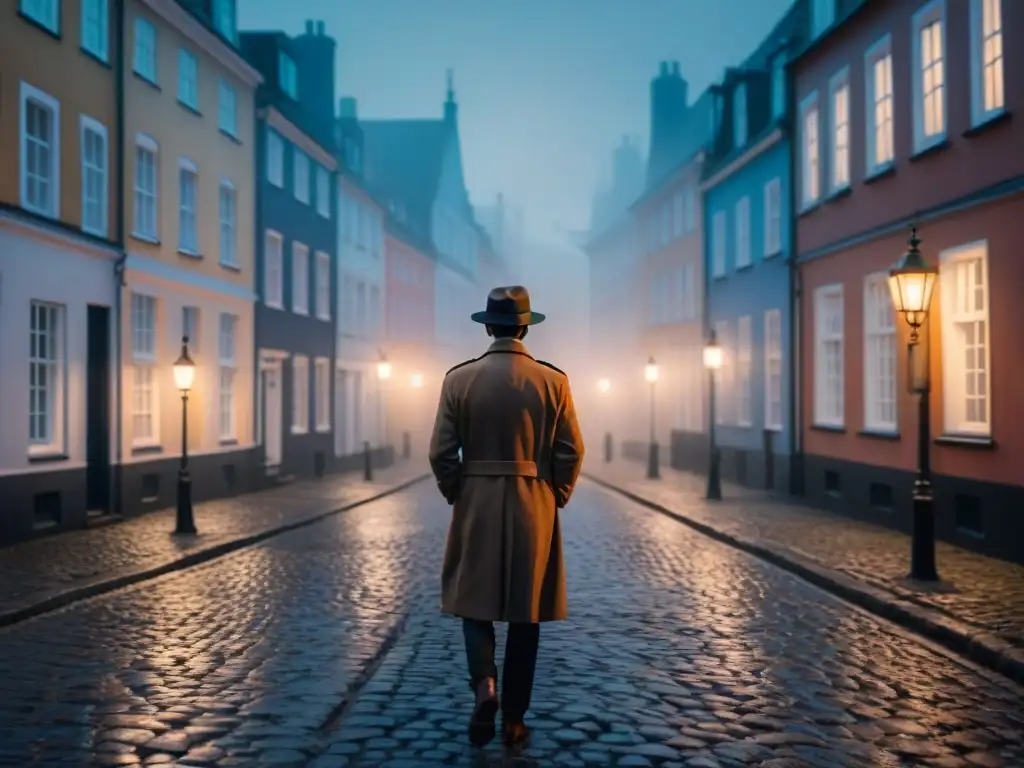 Un detective escandinavo en la noche, entre la niebla y la oscuridad de la ciudad, resolviendo casos reales detectives escandinavos