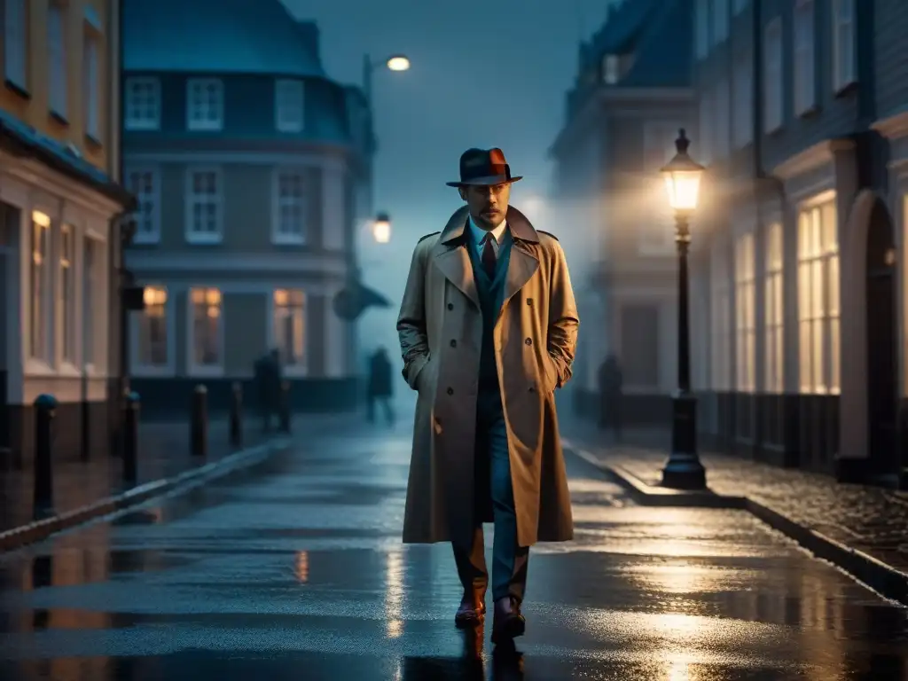 Un detective escandinavo en la oscuridad de la noche, bajo la luz de una farola, buscando pistas con su lupa