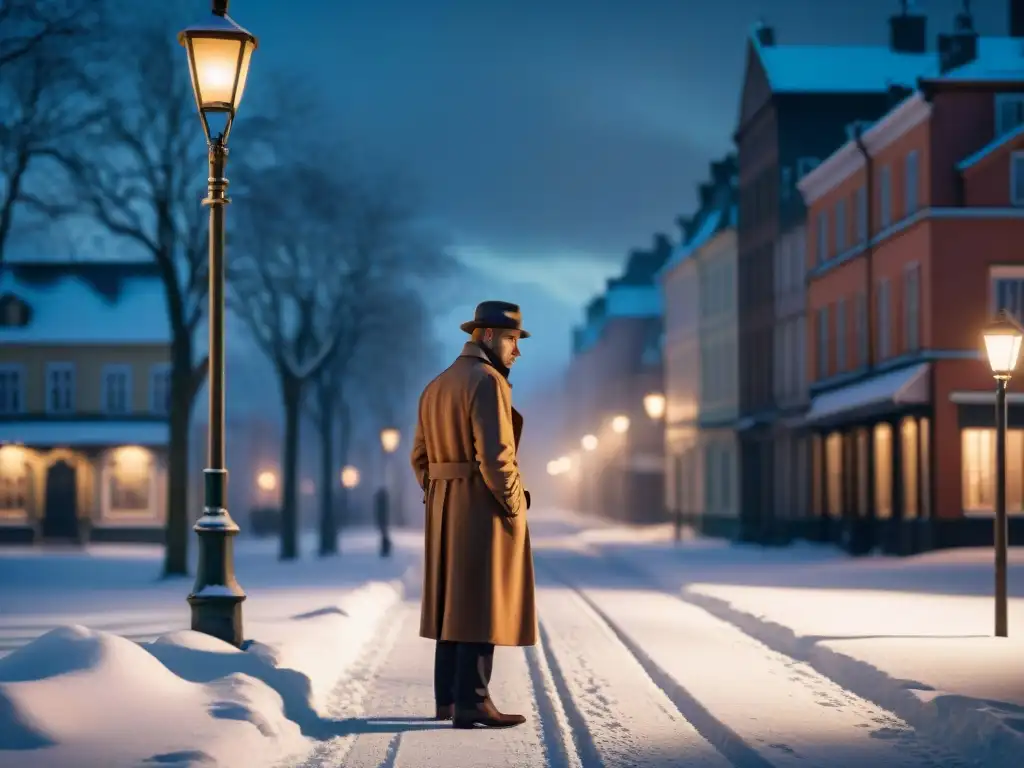 Un detective escandinavo solitario en una calle nevada de noche, iluminado por una lámpara vintage, con determinación y misterio en su mirada