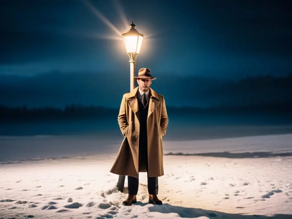 Un detective escandinavo solitario en un paisaje nevado y desolado, iluminado por una lámpara de calle vintage