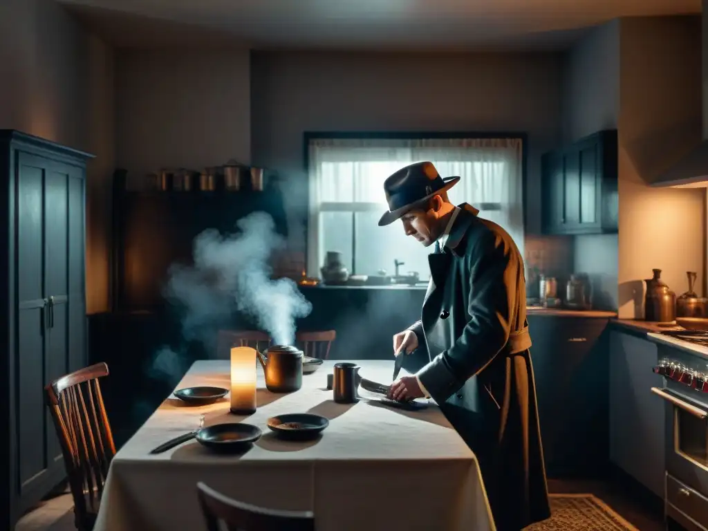 Un detective examina escena de crimen en cocina sombría, destacando el contraste entre luces y sombras