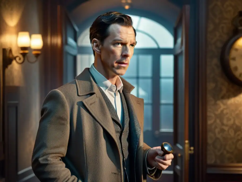 Detective Sherlock Holmes de Benedict Cumberbatch investigando escena del crimen en habitación sombría