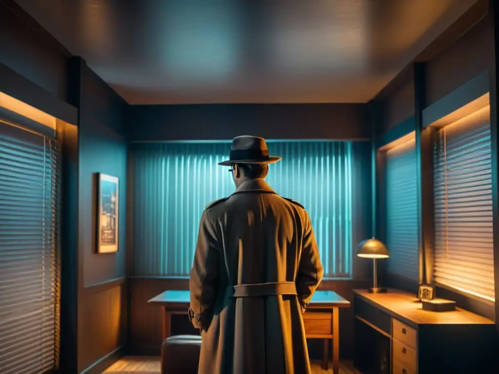 Un detective en un escenario de película noir, usando sus habilidades deductivas en una habitación misteriosa llena de pistas