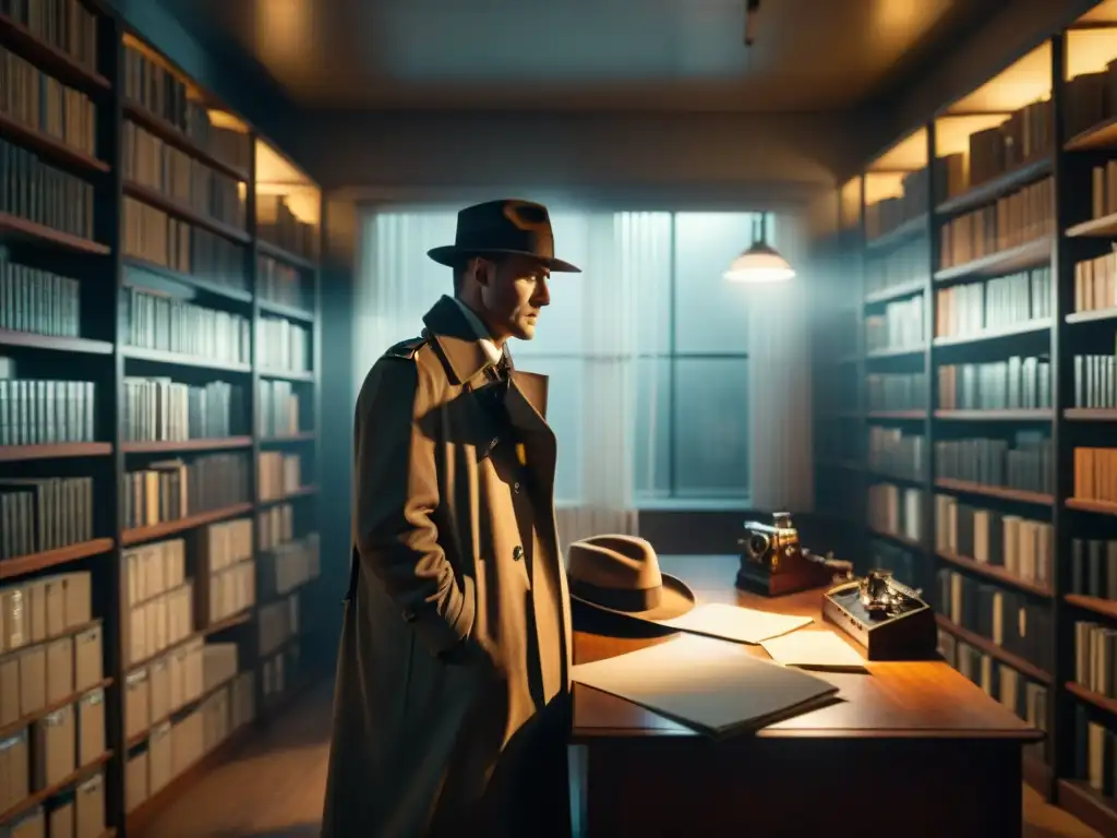 Un detective en un escenario de película noir, iluminado por una lámpara mientras revisa archivos en una sala llena de objetos vintage