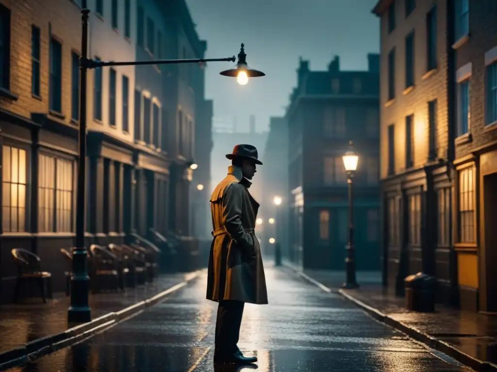 Un detective al estilo Sam Spade bajo una farola en la lluvia, evocando el misterio del cine noir