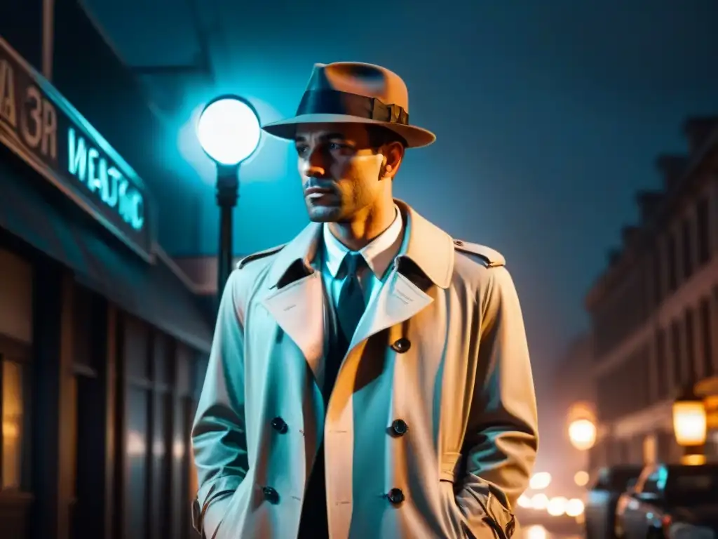 Un detective con estilo bajo la lluvia, reflejos y luces neón, evocando el cine negro