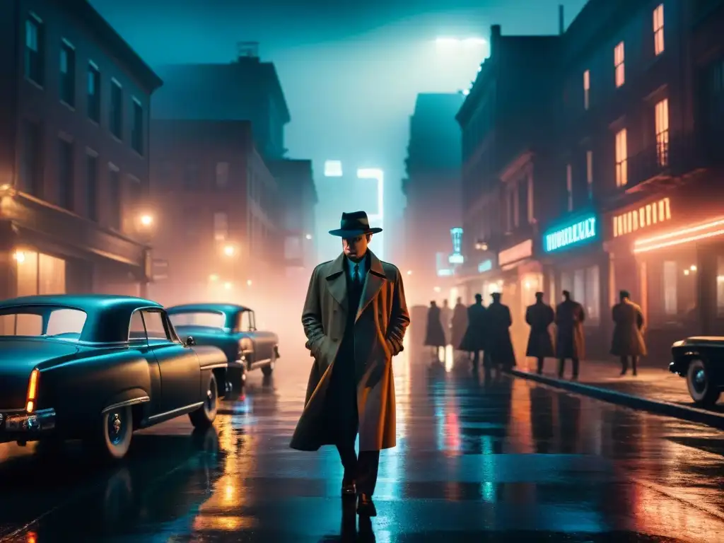 Un detective al estilo Philip Marlowe en un paisaje urbano de neón, evocando el género noir