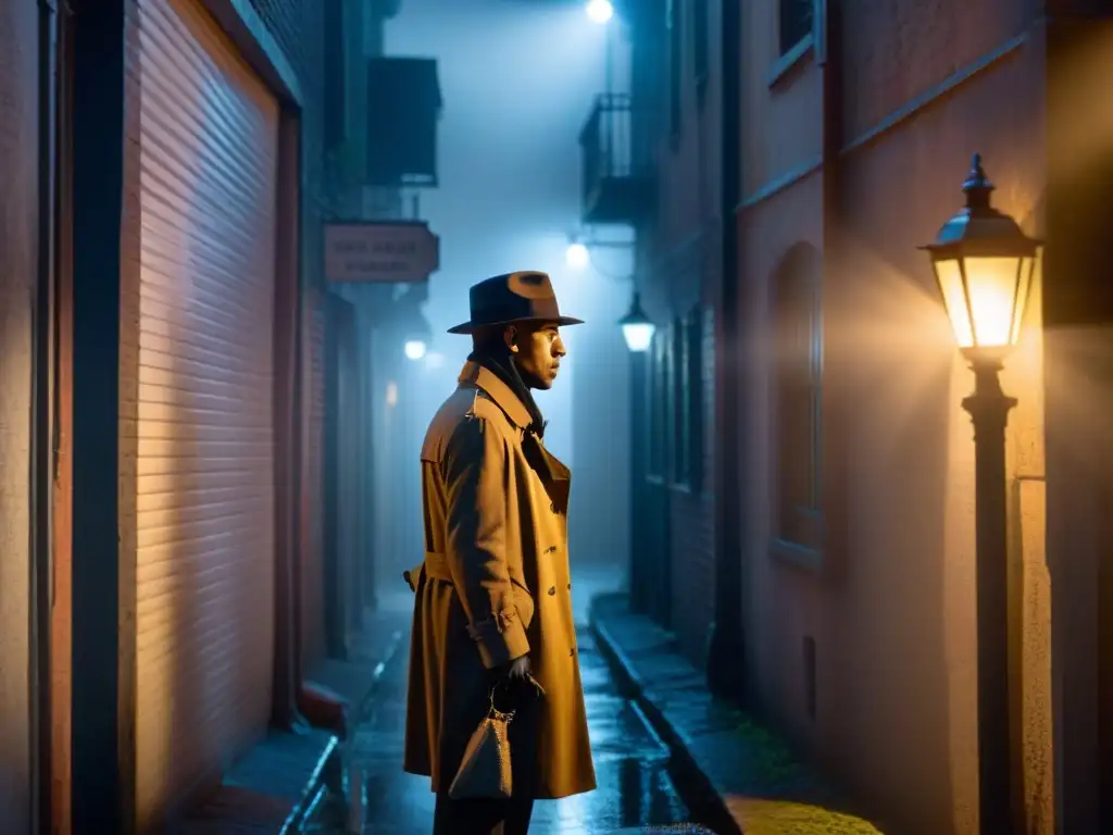 Detective en la noche: Misterio y sombras en un callejón Detective de CSI examinando evidencia en un callejón misterioso por la noche, evocando criminología moderna