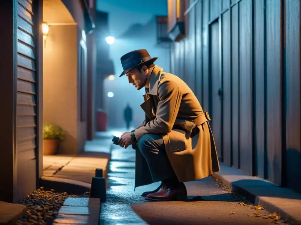 Detective examinando evidencia en sombrío callejón nocturno