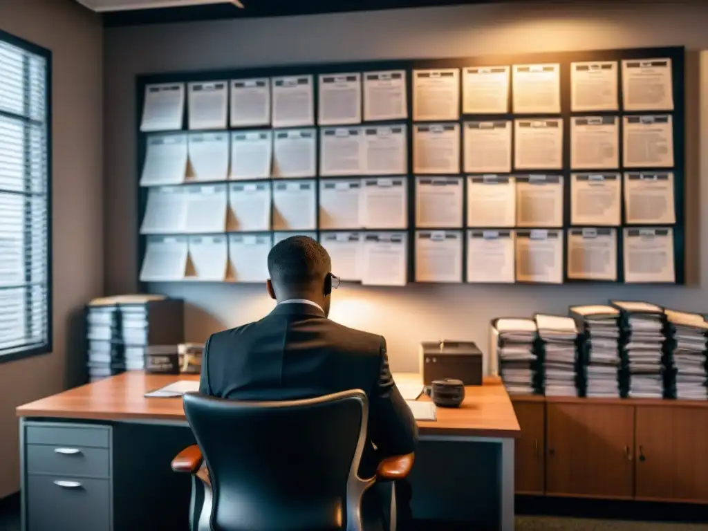 Un detective exhausto en su oficina, rodeado de expedientes y tazas vacías, absorto en el tablón de fotos y notas