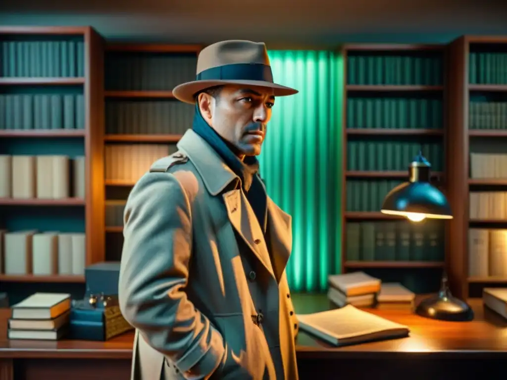 Un detective experto en software forense examina archivos en una oficina tenue de estilo clásico Film Noir