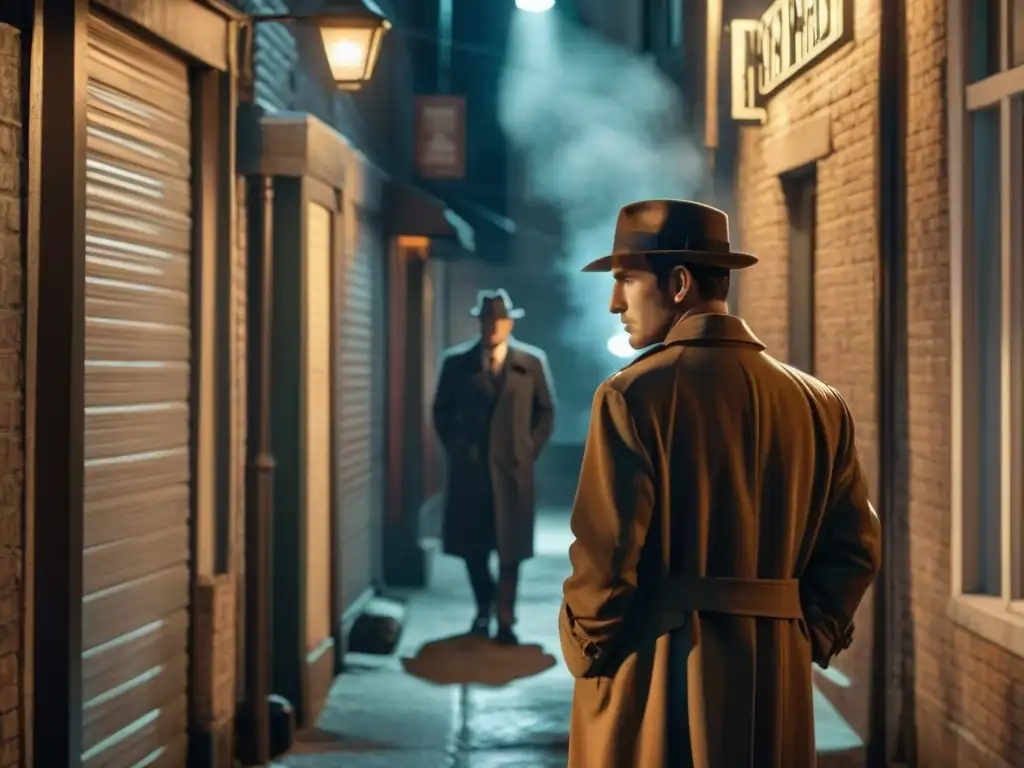 Un detective falso en películas esperando en un callejón sombrío, iluminado por una farola titilante