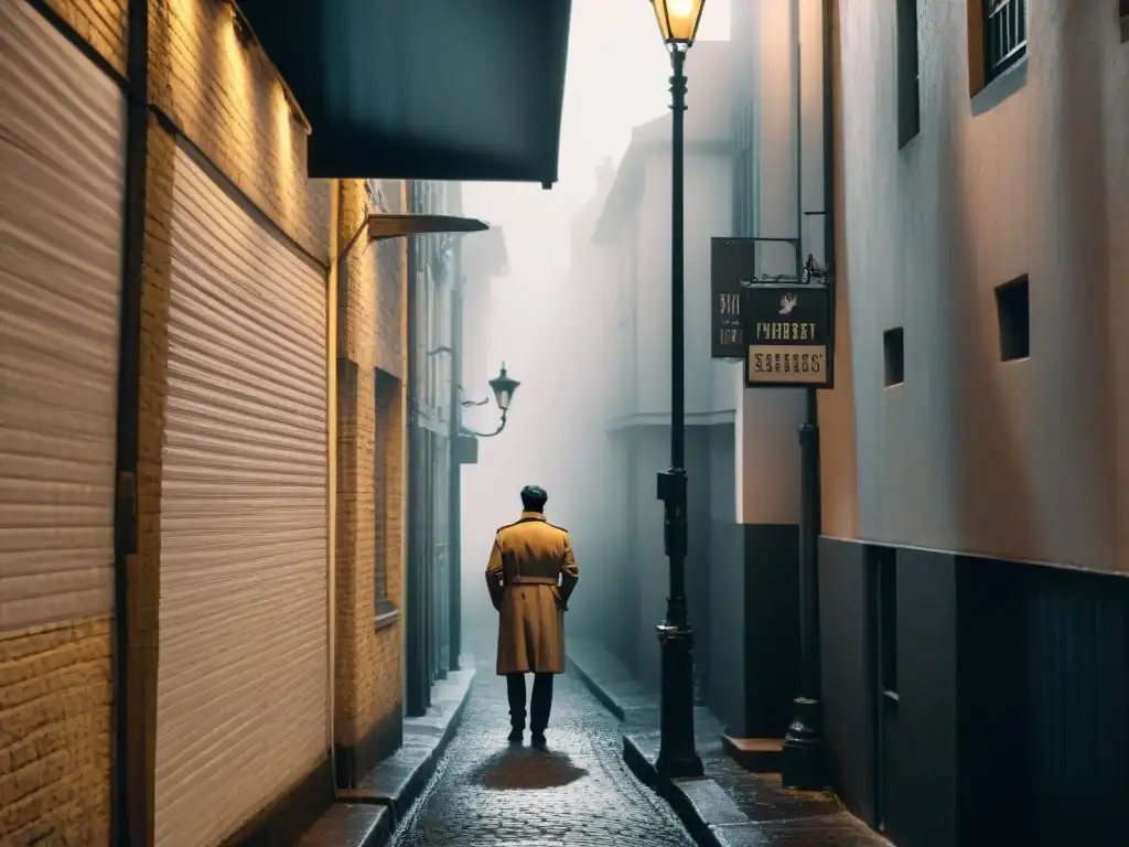 Un detective en trench coat bajo una farola en un callejón oscuro en blanco y negro evoca el cine noir