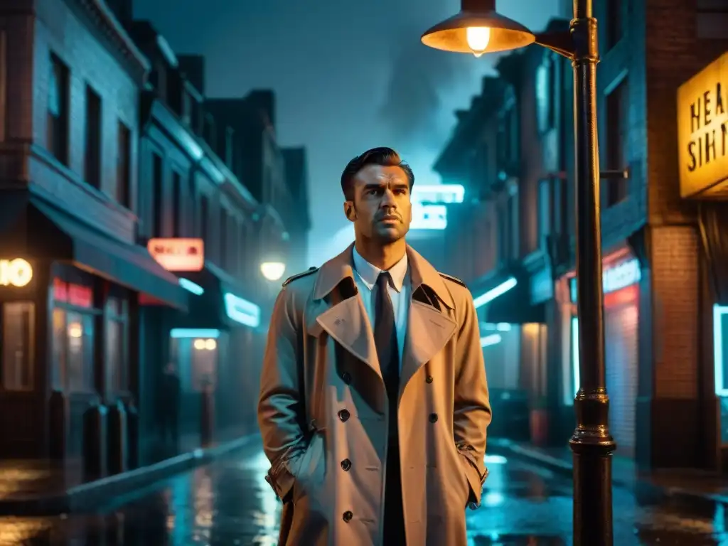 Un detective en gabardina bajo una farola en la lluvia, con un ambiente misterioso y sombrío