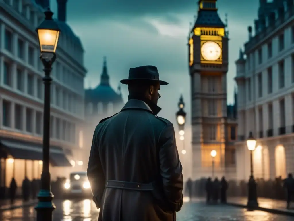 Detective en Londres contemporáneo bajo farola en la lluvia, con Big Ben difuminado al fondo