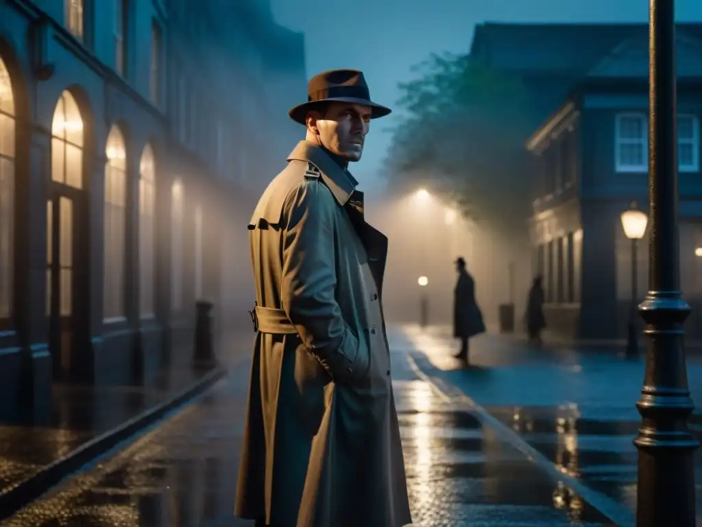 Un detective en gabardina bajo una farola en la lluvia, investigando pistas en la noche