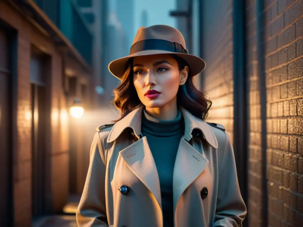 Una detective femme fatale en un callejón noir, con magnifying glass