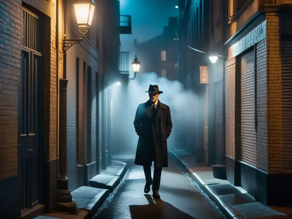 Un detective de fedora en un callejón oscuro de noche, iluminado por una farola, evoca la estética visual del Noir Clásico