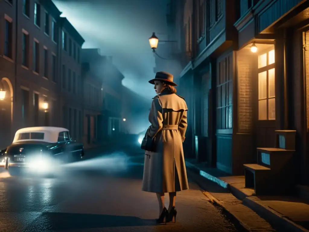 Una detective femenina en blanco y negro, iluminada por la luz de una farola en un callejón, observa a una figura misteriosa