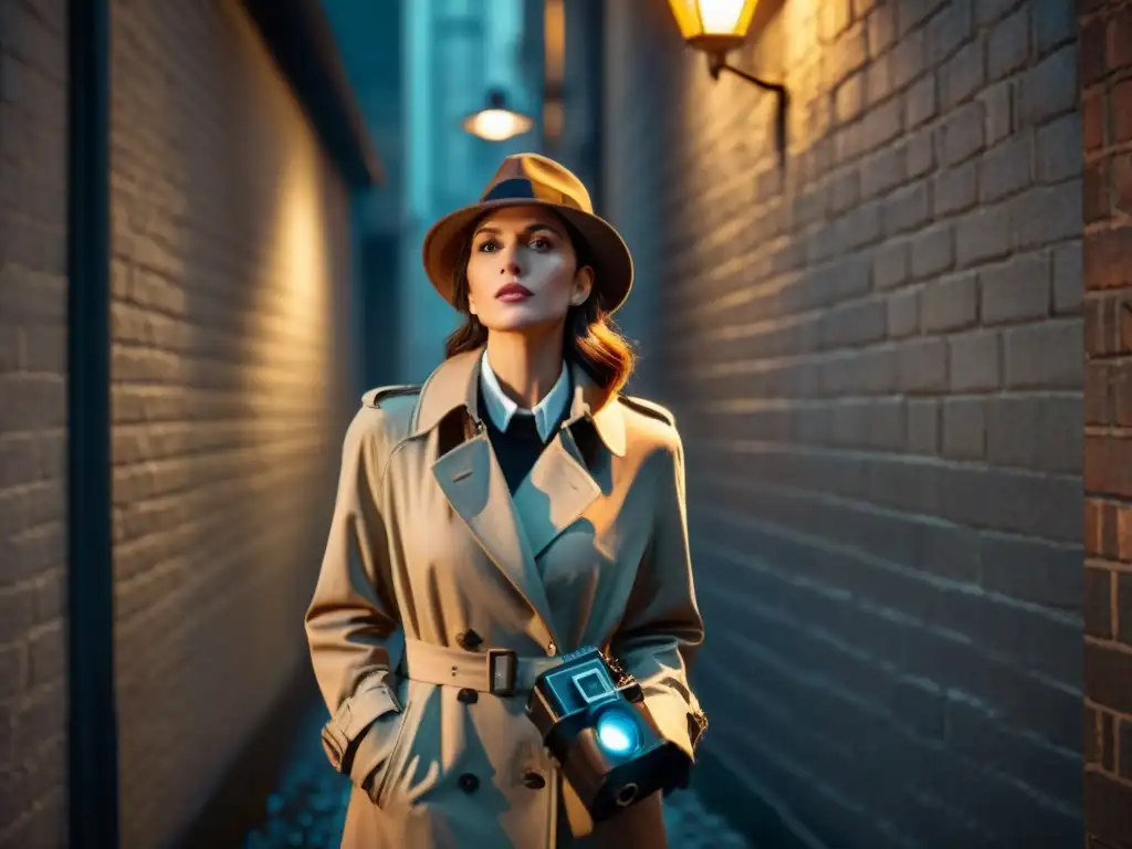 Una detective femenina en un callejón oscuro, con trench coat y sombrero, sosteniendo una lupa y cámara vintage