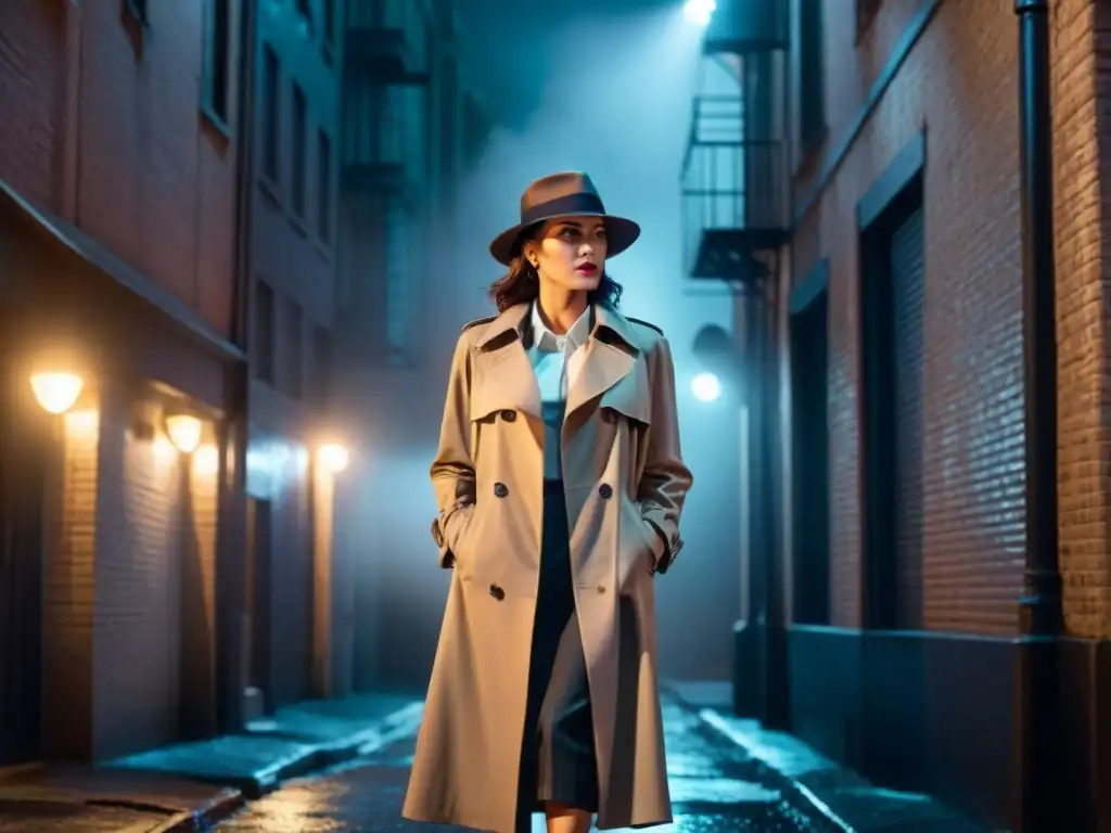 Detective femenina en un callejón oscuro, bajo la lluvia y luces de neón