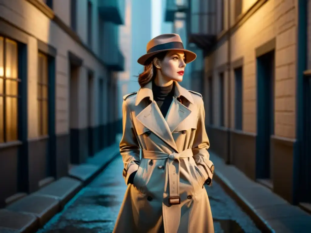 Una detective femenina en un callejón oscuro, con gabardina y sombrero, sostiene una cámara vintage