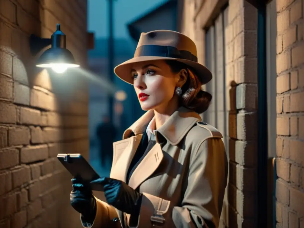 Una detective femenina en un callejón oscuro, estilo Film Noir, rompiendo estereotipos