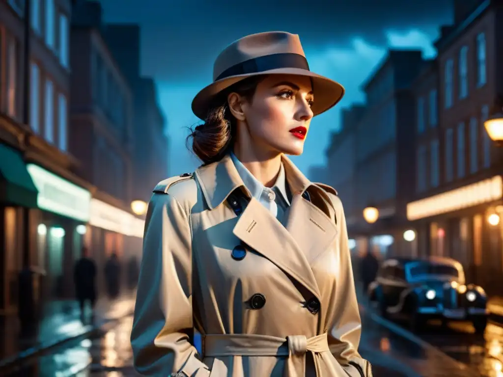 Una detective femenina en cine, bajo una farola en la lluvia, con sombras dramáticas