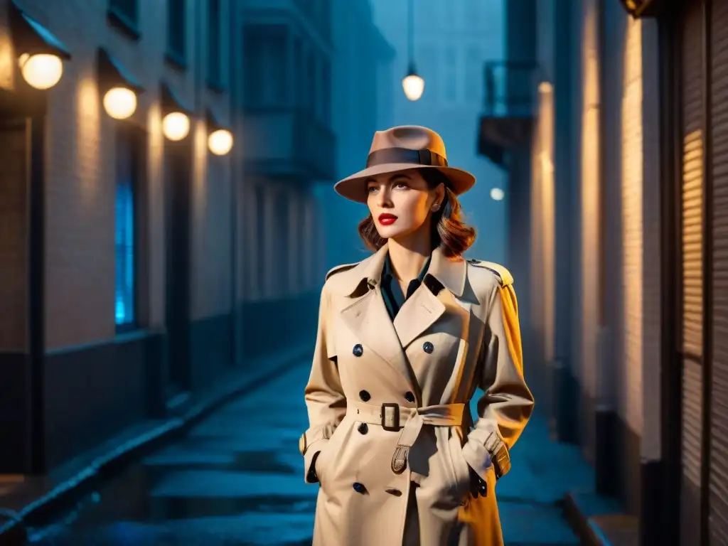 Una detective femenina en cine, solitaria bajo una farola en la lluvia, con estilo noir de los 40, magnifying glass y revólver