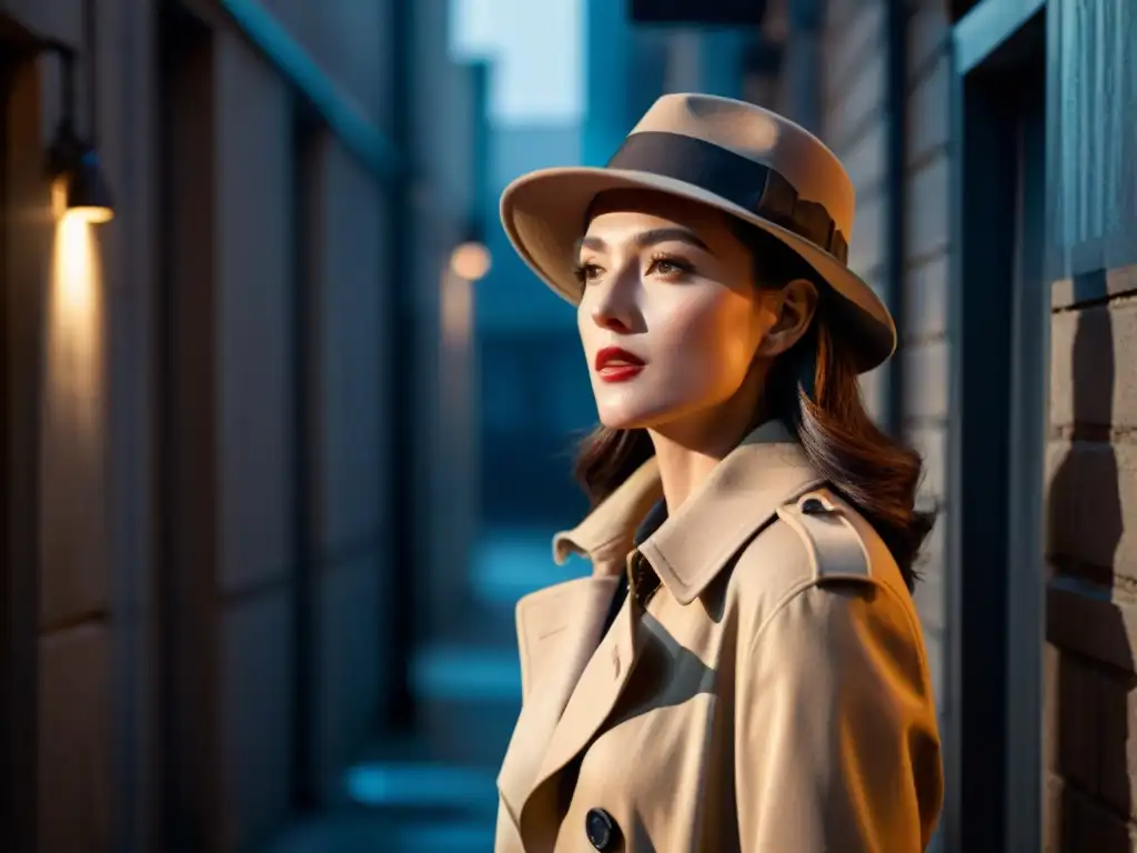 Una detective femenina con estilo en un callejón oscuro, vestida con un clásico trench y sombrero fedora, iluminada por una farola