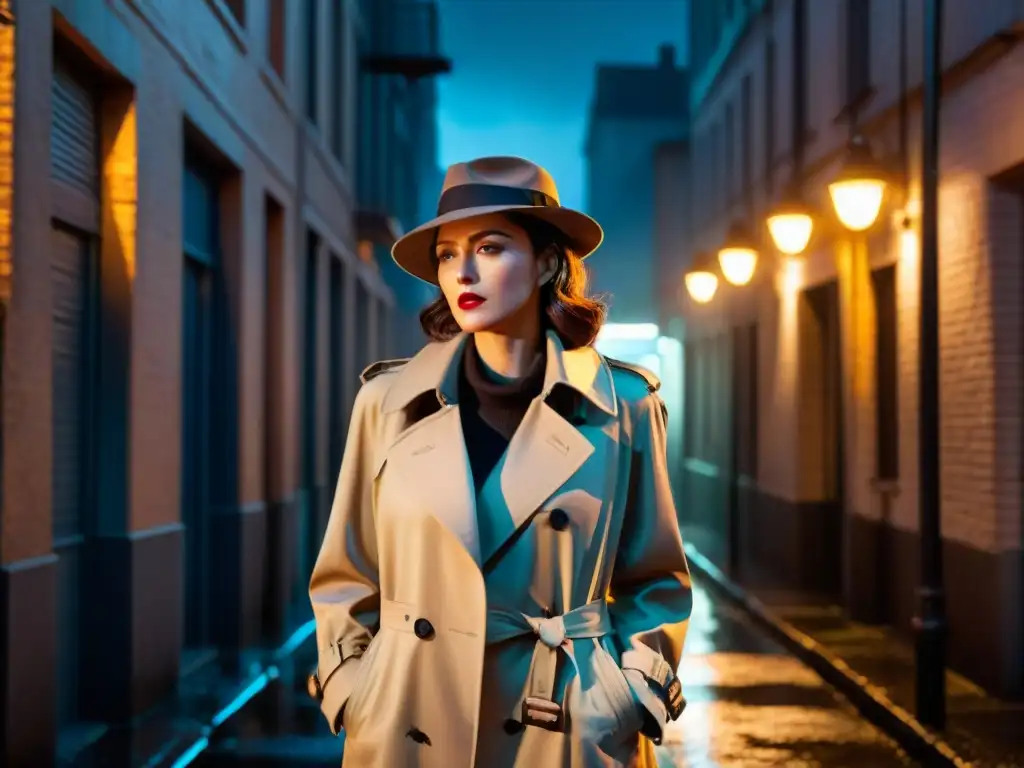 Una detective femenina de película noir bajo una farola en la lluvia