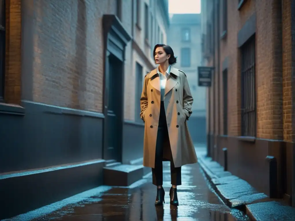 Detective femenina en callejón lluvioso: misterio en blanco y negro Una detective femenina examina huellas en un callejón oscuro bajo la lluvia, con un ambiente de cine negro