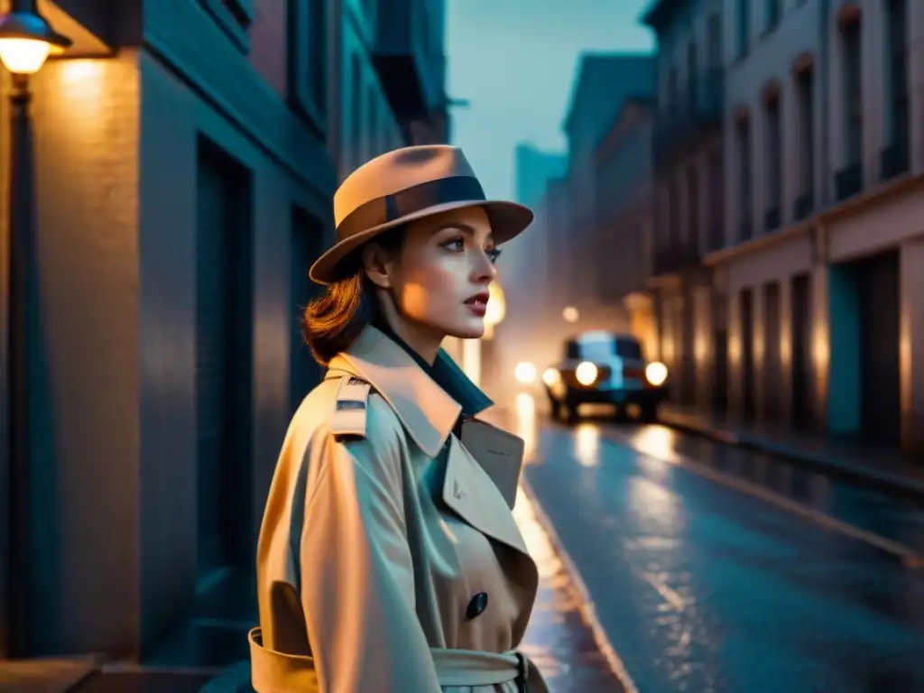 Una detective femenina misteriosa y elegante en un callejón iluminado, evocando la estética del cine noir