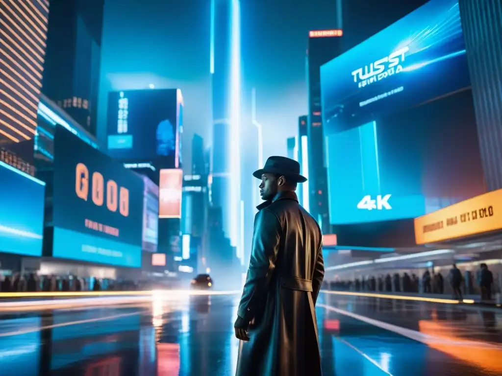 Un detective futurista en una ciudad nocturna, con luces de neón y rascacielos, evocando la transformación del género detectivesco en ciencia ficción