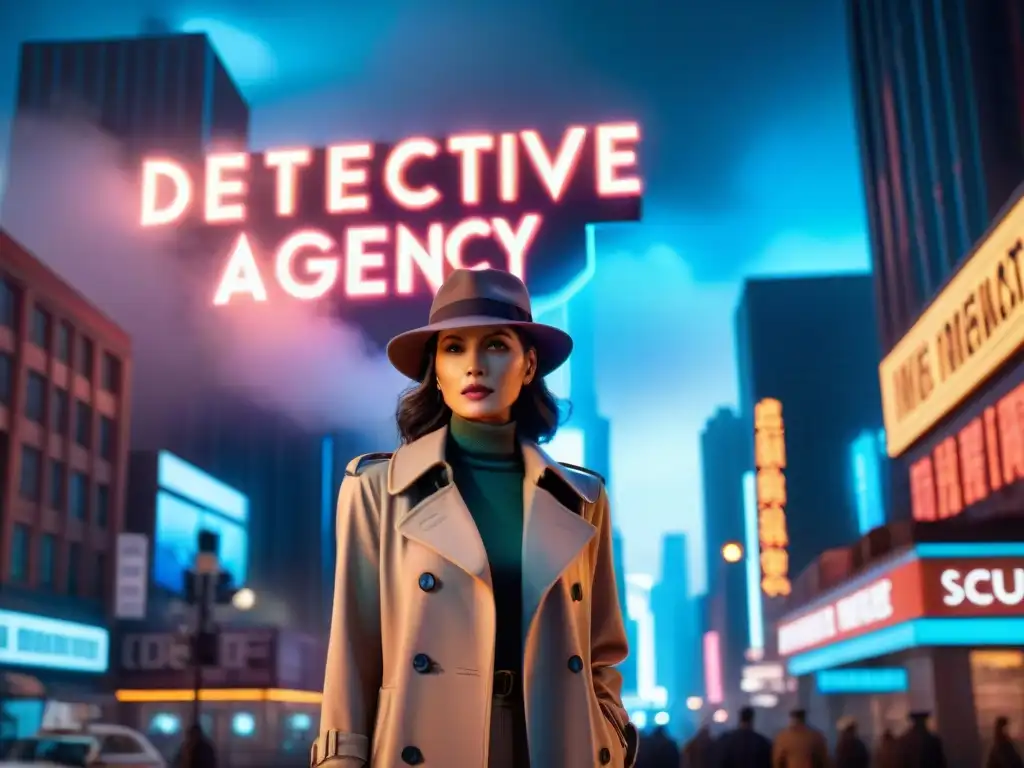 Una detective futurista en un escenario de Film Noir, bajo un letrero de 'Detective Agency'