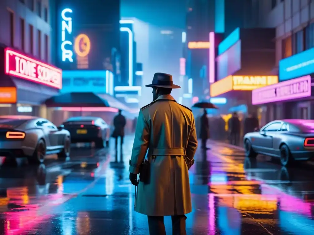 Un detective futurista en un oscuro paisaje urbano lluvioso, con luces de neón y tecnología avanzada