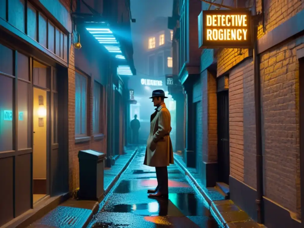 Un detective del futuro en realidad virtual investiga en un callejón oscuro bajo la lluvia, en medio de la luz de neón