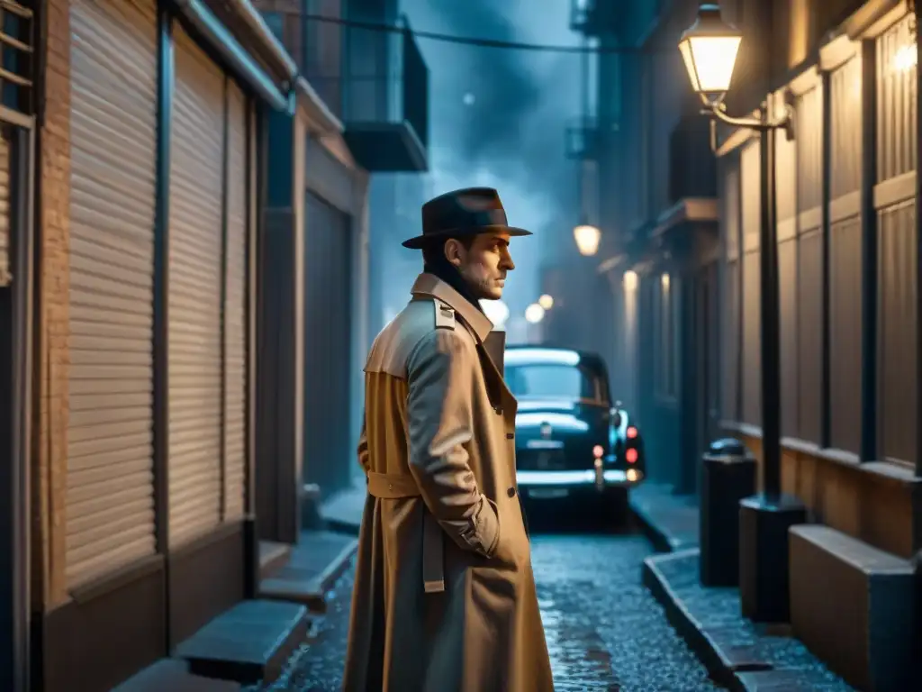 Un detective colocando un gadget de vigilancia en un auto vintage en un callejón oscuro de noche, evocando el cine noir