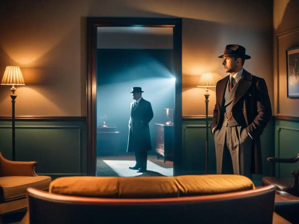 Detective en una habitación oscura enfrentando un espejo con figura misteriosa, reflejando el suspense del cine detectives