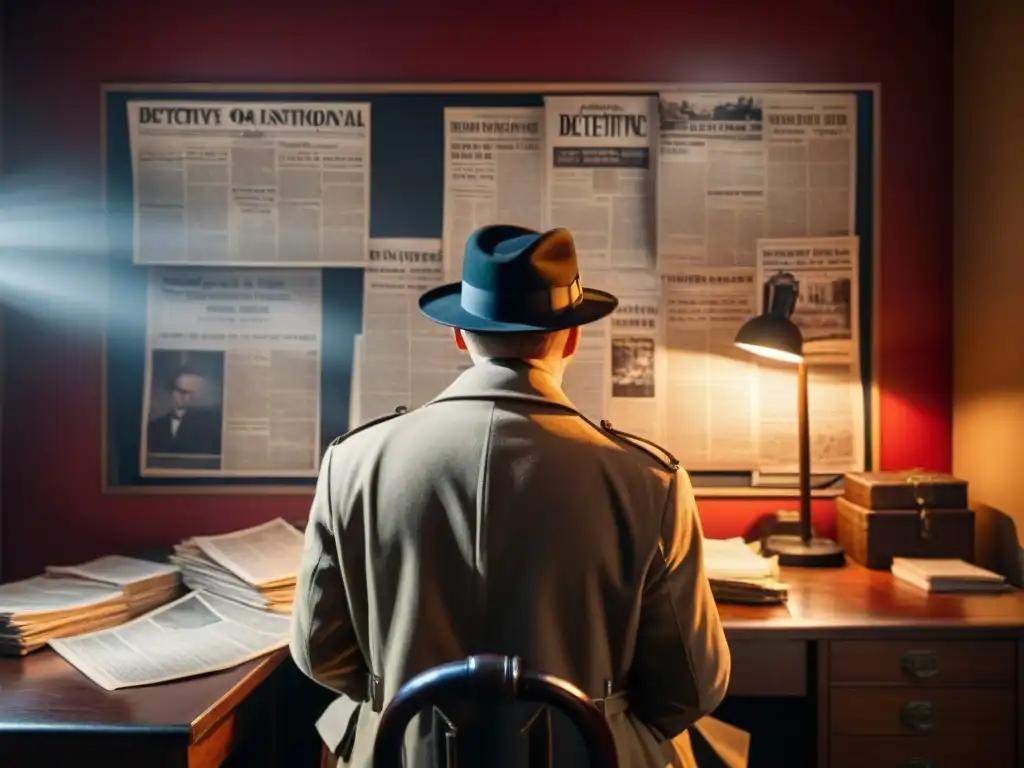 Un detective en una habitación sombría llena de archivos y periódicos viejos, iluminado por una lámpara, en una escena de Film Noir